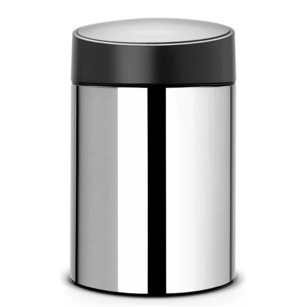 סט לשירותים ניקל מבריק עם פח נתלה Brabantia - slide bin de luxe 5l brilliant steel black lid