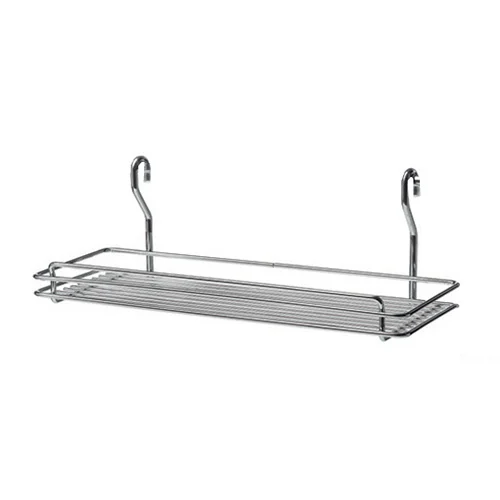 a metal shelf with hooks