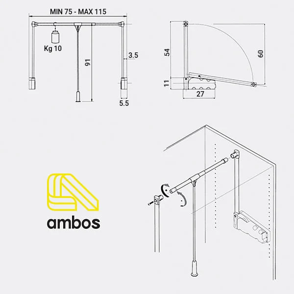 מנגנון תליה גבוה לארון בגדים AMBOS - Lift300Sketch