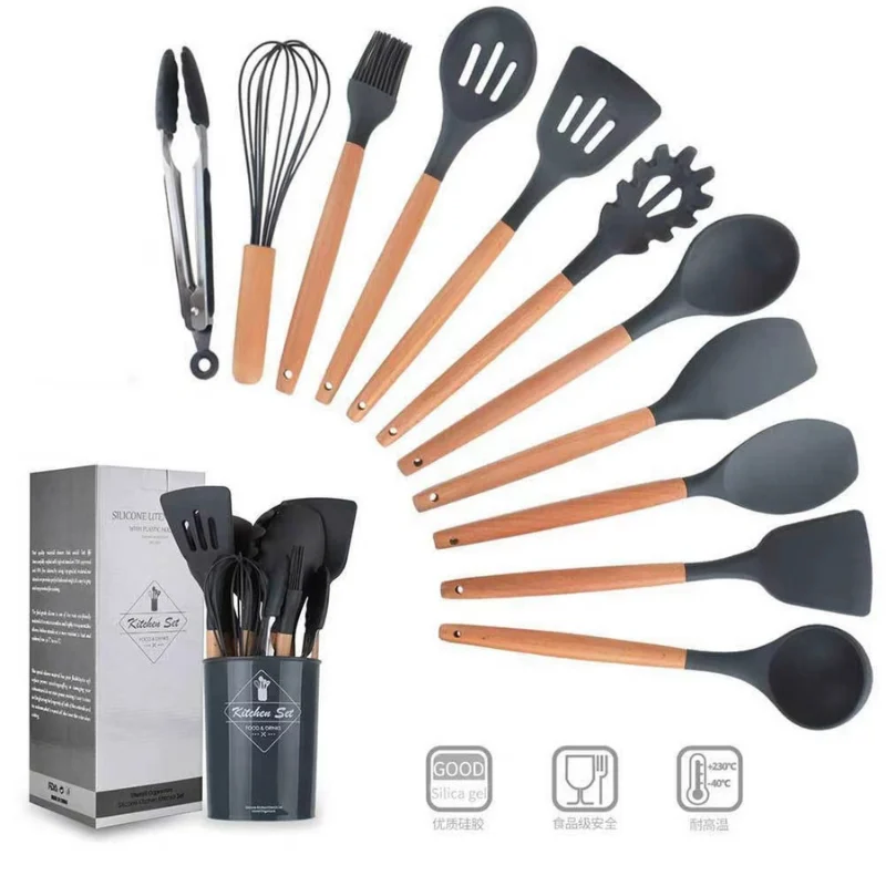 סט ששת ( כפות ) שחור 11 חלקים סיליקוני משולב עץ - SpoonSet