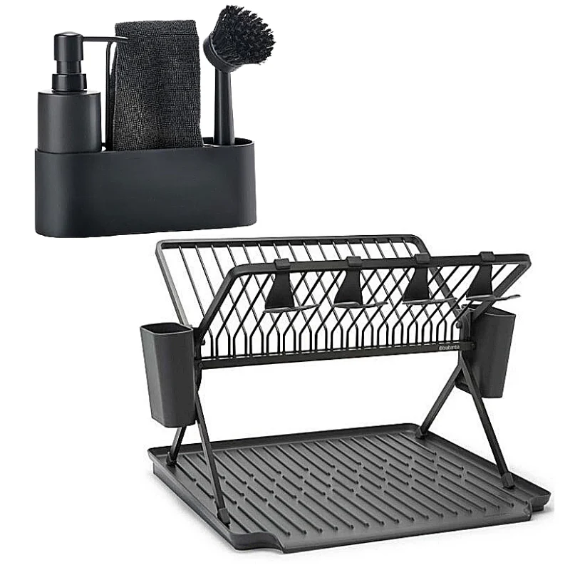 סט למטבח כולל מתקן לייבוש כלים מתקפל Brabantia + סט לשטיפת כלים מעוגל Zone