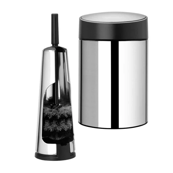 סט לשירותים ניקל מבריק עם פח נתלה Brabantia - brabantia bathroom set brilliant slide bin black lid y sc