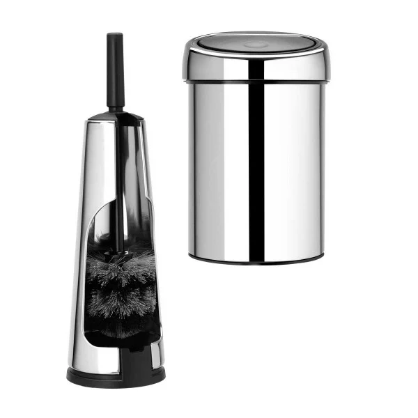 סט לשירותים ניקל מבריק עם פח נתלה Brabantia - brabantia bathroom set brilliant touch bin y tc