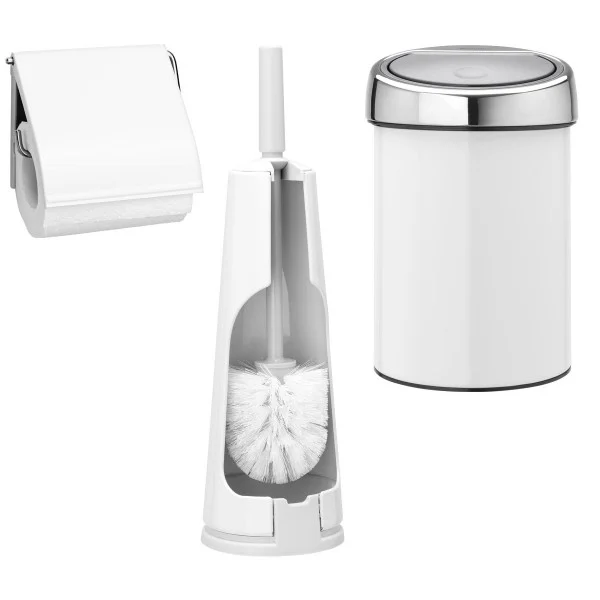 סט לשירותים לבן עם פח נתלה Brabantia - brabantia bathroom set white touch bin y tc