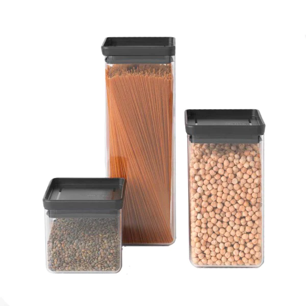 סט 3 מיכלי אחסון פלסטיק שקוף Brabantia – ללא BPA - brabantia plastic canisters dark grey lids y 3p set