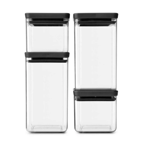 סט 4 מיכלי אחסון פלסטיק שקוף Brabantia – ללא BPA - square canister set of tasty dark grey brabantia