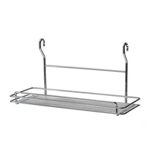 a metal shelf with hooks