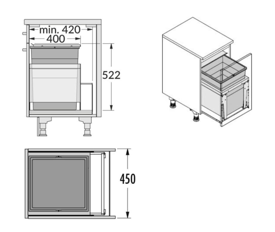 פח קרגו לחזית 45 סמ 1X55L - פחים נסתרים מתחת לכיור