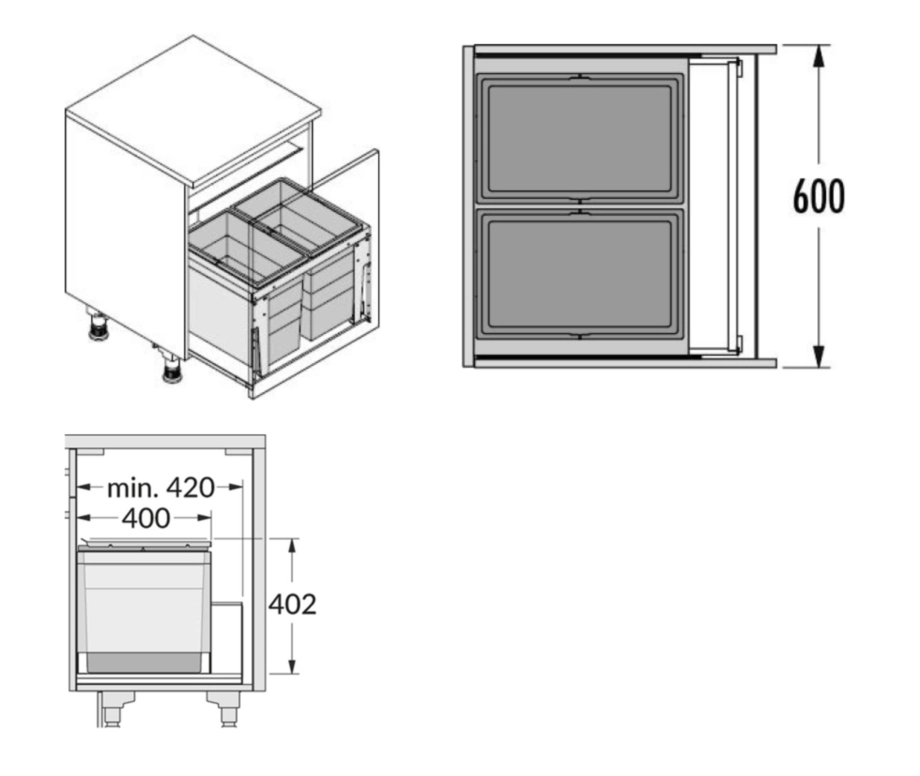 פח קרגו לחזית 60 ס"מ 2X28L - פחים נסתרים מתחת לכיור